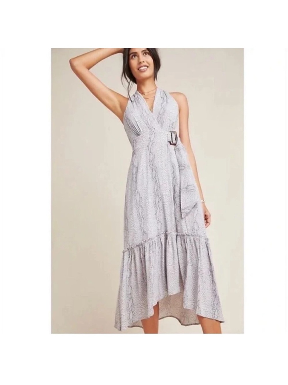 Anthropologie Marfa Grey Snake Print V-neck Belted Faux Wrap Maxi Dress